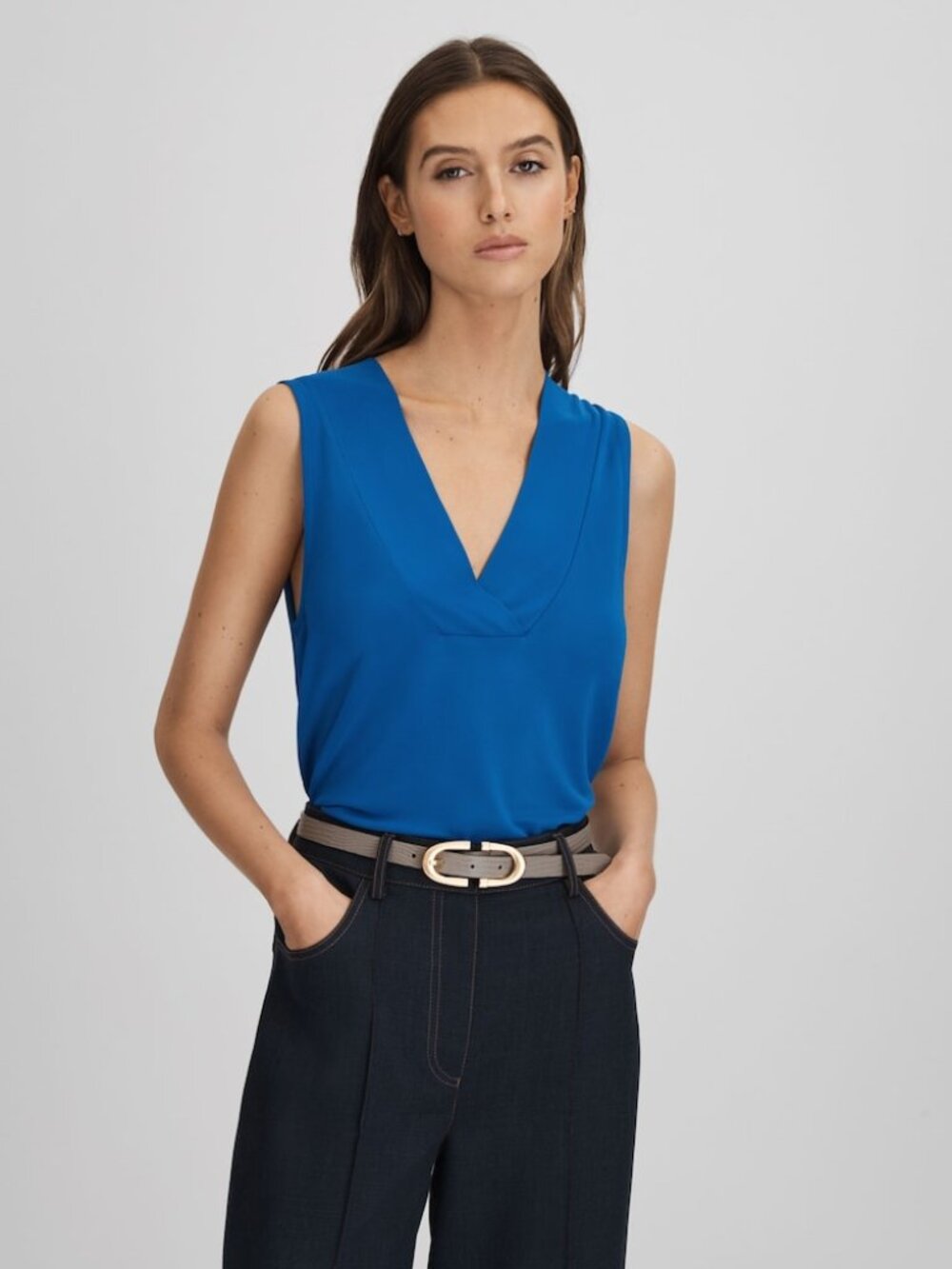 Reiss Taylor V-Neck Sleeveless Shell Blouse Cobalt Blue Size S